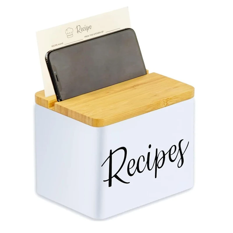 Metal Recipe Box With Cards And Dividers White Metal Body,Wooden Lid