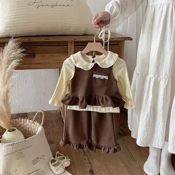 2025 Korean-style Autumn Girls' Suit Western-style Ruffled Waistband Vest Trousers Lace-trimmed Bottoming Shirt Fashion Set