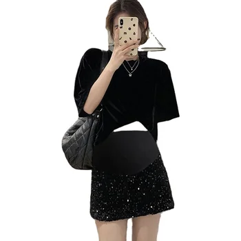 2024 Spring and Autumn New Black Shiny Beaded Maternity Skirt Fashion Clothing Genre