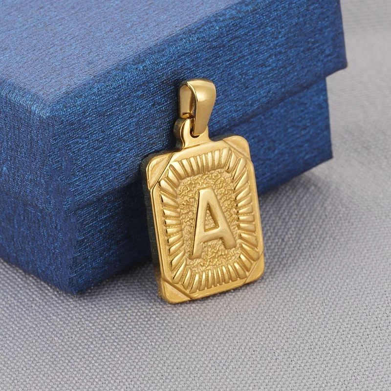 Minimalist Gold Square Alphabet Rectangle Initial Letter Boho Vintage Medallion Pendant Necklace