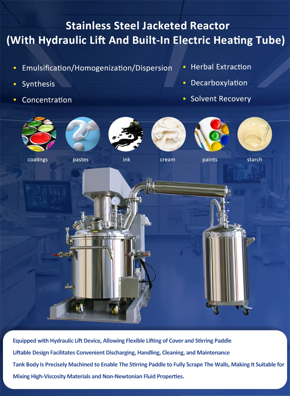 200L Mixing Chemical Hydraulic Lifting Reactor Jacketed Stainless Steel Dispersion/ Emulsification/ Homogenization Reactor factory