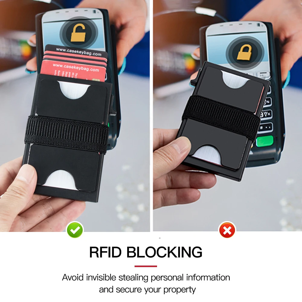 Slim Minimalist RFID Blocking Elastic Band Aluminum Money Clip Card Holder Popup Wallet