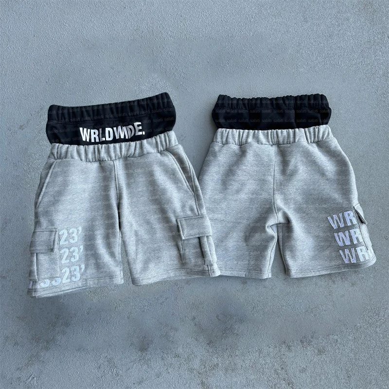 Double Waist Short Sweatpants Custom Distressed Embroidery High Waist Sweat Cargo Shorts for Men gallery 4