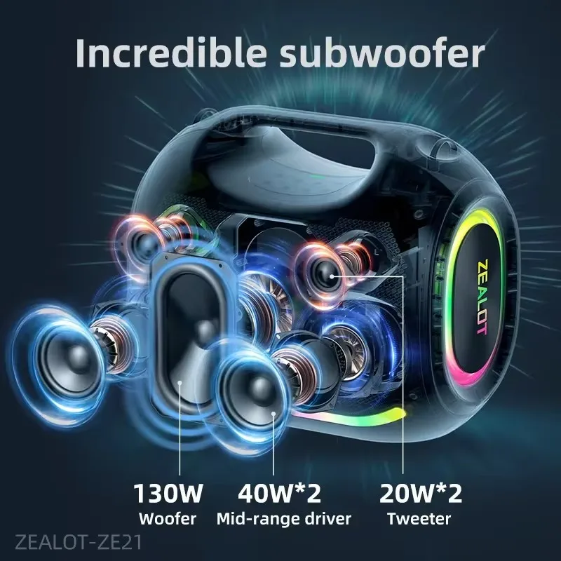 2025 Zealot 250W Waterproof Wireless Speaker, RGB Light, Portable