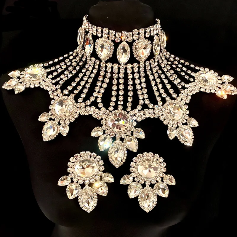 Модное огромное ожерелье со стразами индивидуальное роскошное многослойное в форме капли воды блестящие серьги комплект ювелирных