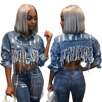 K5022 2022 Sexy Woman Ripped denim Long Sleeve Crop Tops Jeans Jacket For Women