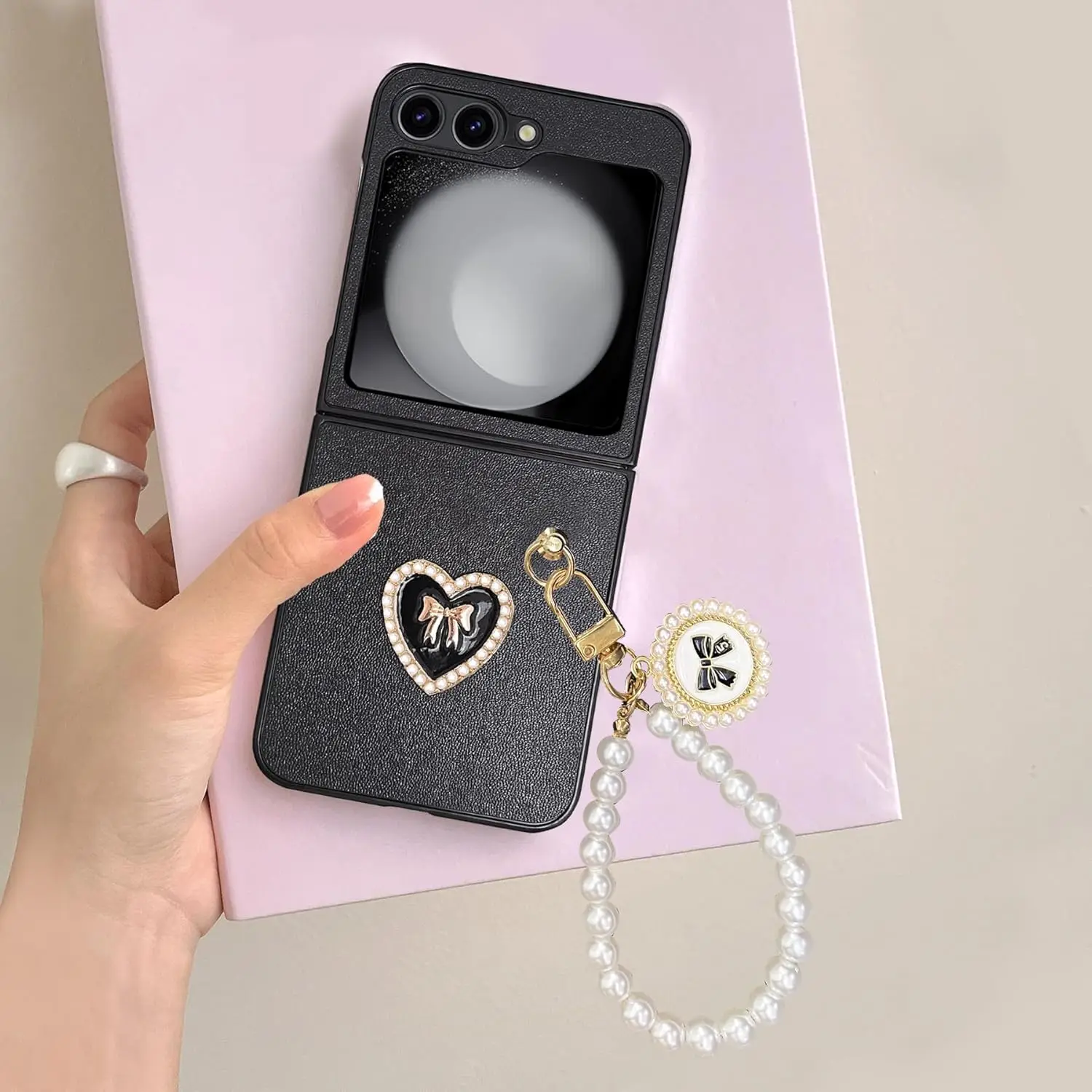 Cute PU Leather Case for Galaxy Z Flip 6 5 with Straps Chains Heart Shape Fashion Design for Women Girls Full Protection