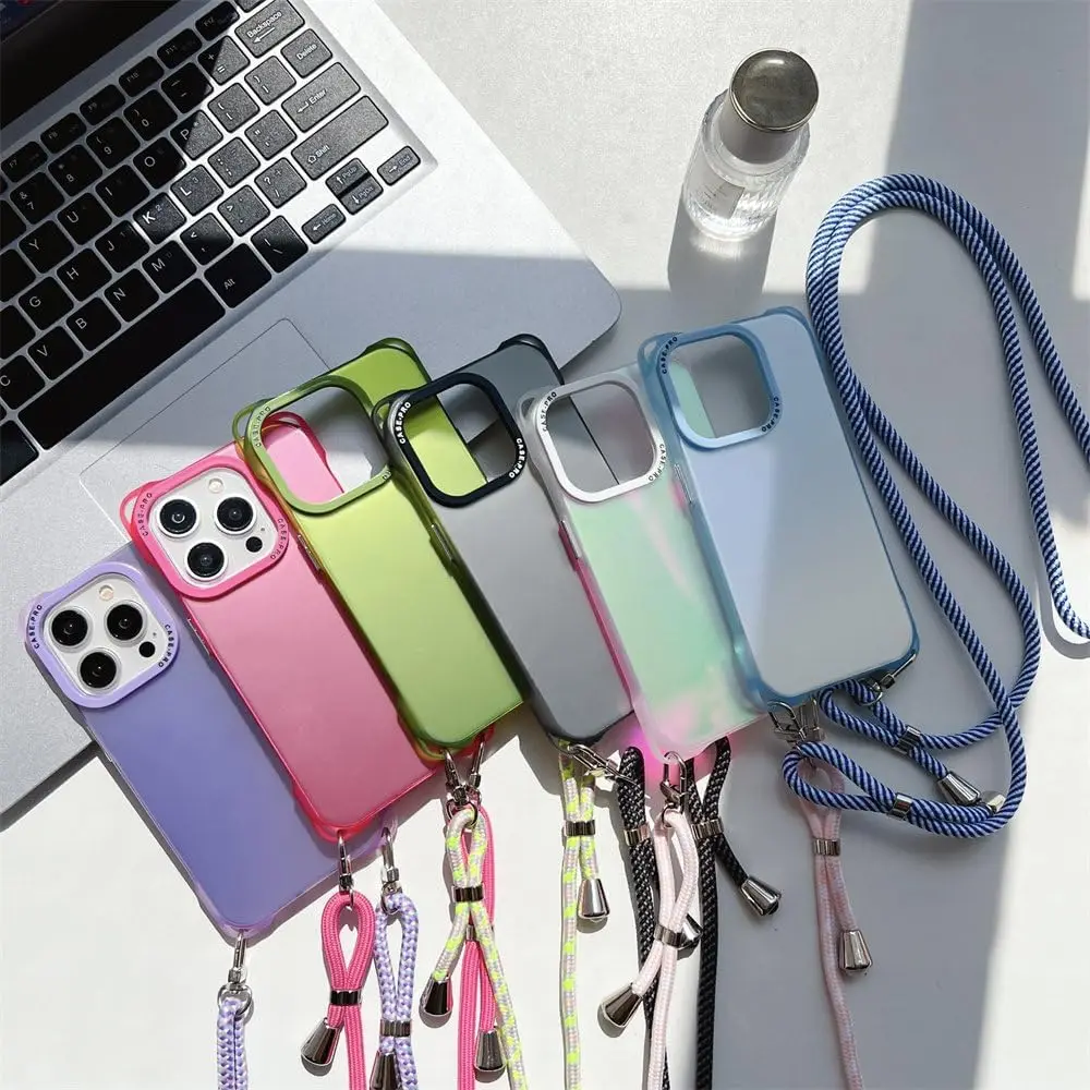 Colorful Hand Strap Phone Case Shockproof Acrylic Matte Cover for iPhone 15 14 13 12 Pro Max Plus details