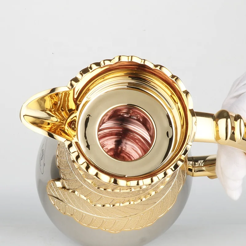 New Arrival Top Level Leaves Design 1.0 Litre Silver Gold Coating Metal Body Glass Insulation Vacuum Flasks Dallah