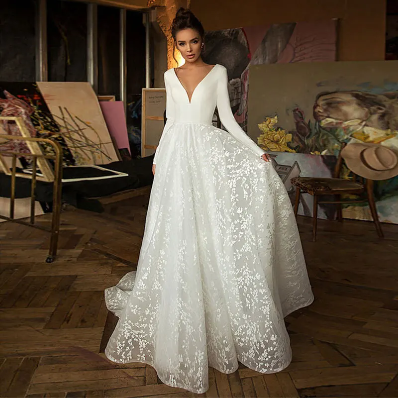 European And American Temperament Wedding Dress V-neck Long Elegant ...