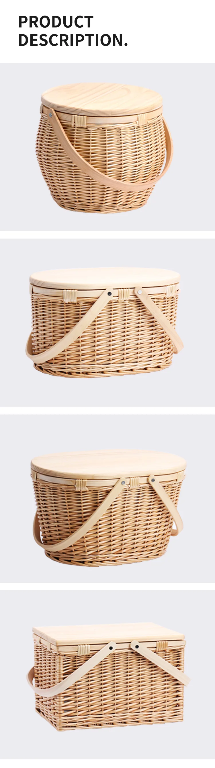 Round Beach Rattan Willow Outdoor Oval Storage Picnic Baskets Wicker Insulated Cooler Basket