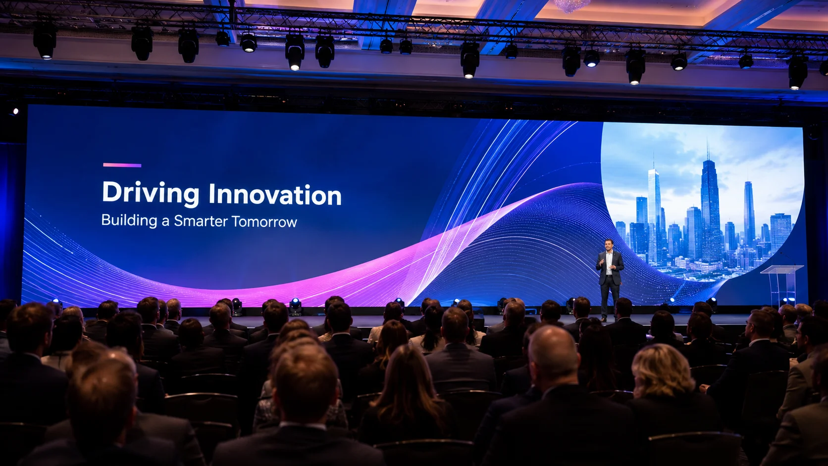 Large LED display wall installed as the stage backdrop at a corporate conference