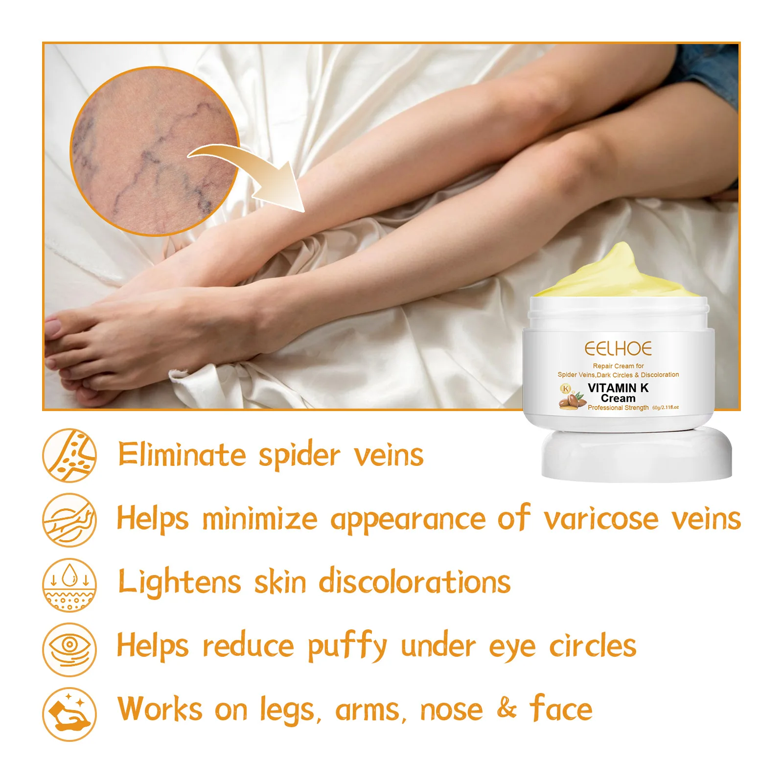 Eelhoe Vitamin K Vegan Varicose Veins Removal Pain Relieve Cream For