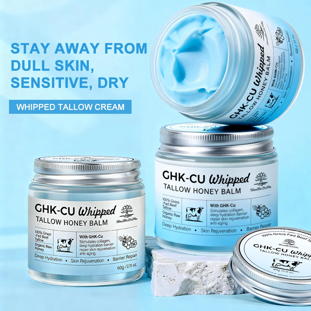 Copper Peptides GHK-Cu Whipped Beef Tallow Balm with Manuka Honey & Vitamin E, Anti Aging Face Body Moisturizer Skin Care OEM
