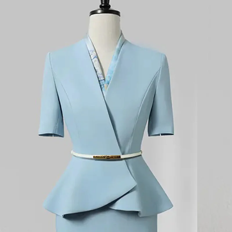 2025 New Summer Temperament Host Formal Beauty Salon Overalls Blue Short Sleeve Professional Suit Blazer Skirt Set For Women