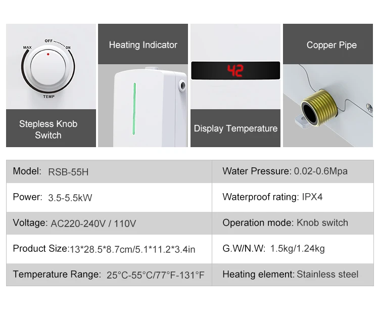 Anlabeier RSB-55H mini size hand wash tankless shower heater on demand water heater