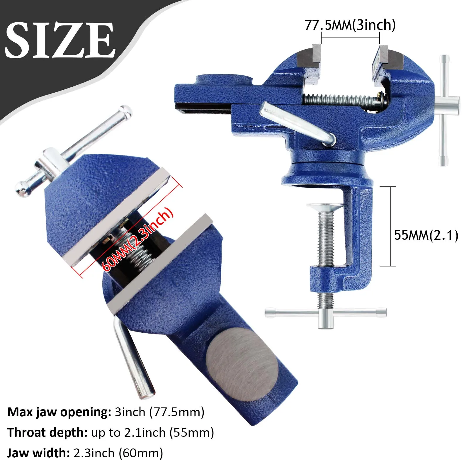 DNA MOTORING 3" Swivel Bench Vise With Clamp - 360-Degree Rotation For Drilling, Welding, Woodworking