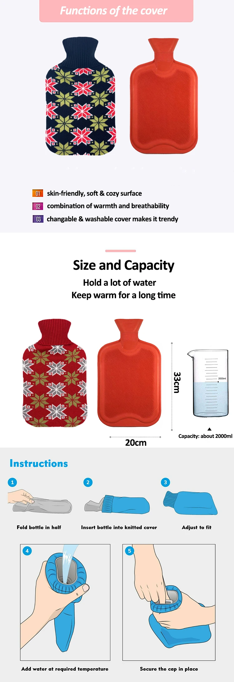 cheapest rubber hot water bottle hot therapy with super soft cover 2l high capacity hot water bag natural rubber large
