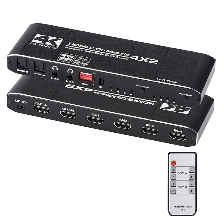 HDMI Matrix Switch Switcher Splitter 4x2 Optical+Stereo Audio Out+Remote Control