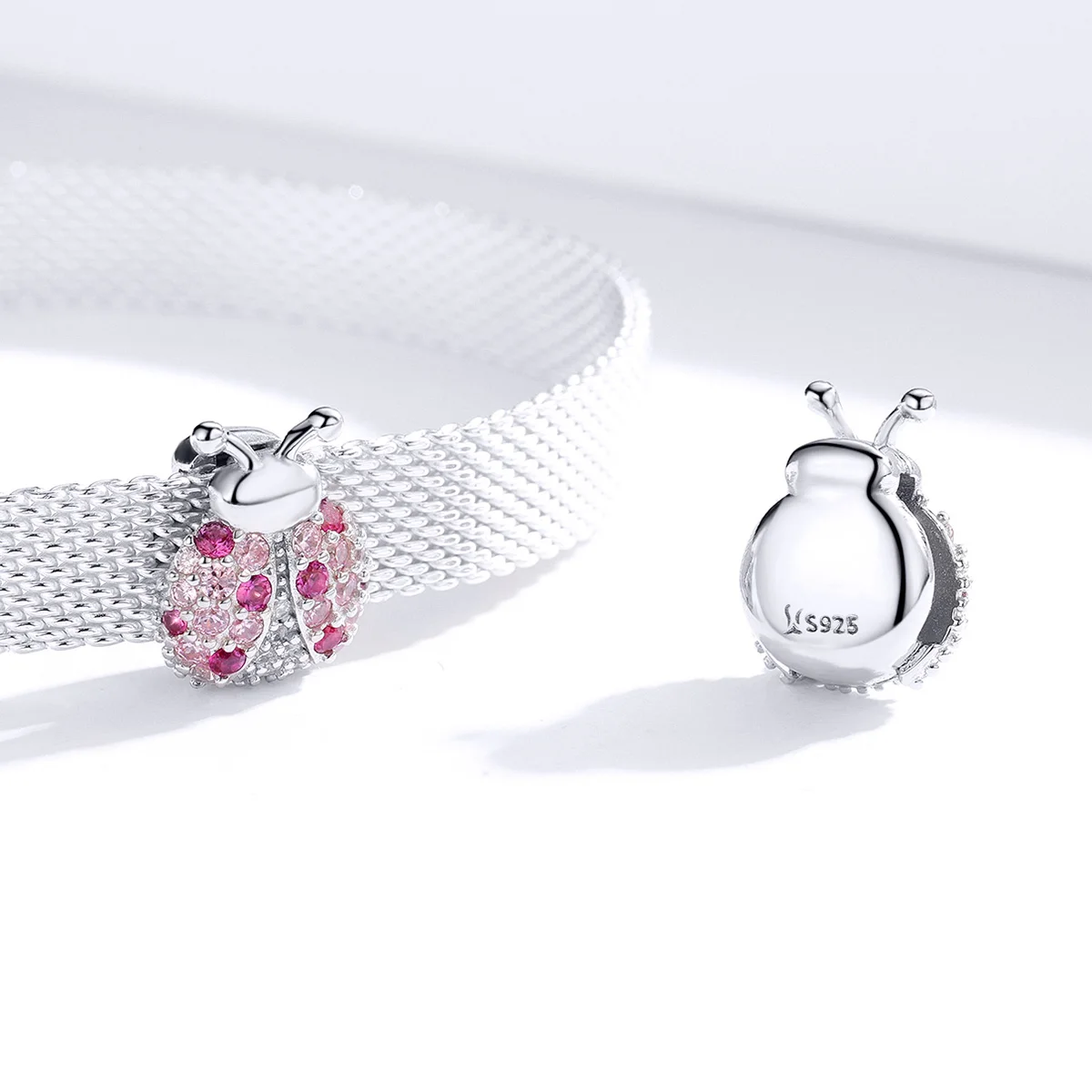 925 Sterling Silver Pink CZ Ladybug DIY Charm for Women