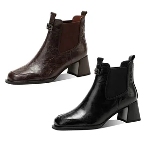 Women's Genuine Leather Mid Heel Chelsea Ankle Boots Square Toe Chunky Heel Zip Closure Dress Booties for Comfort Winter Season