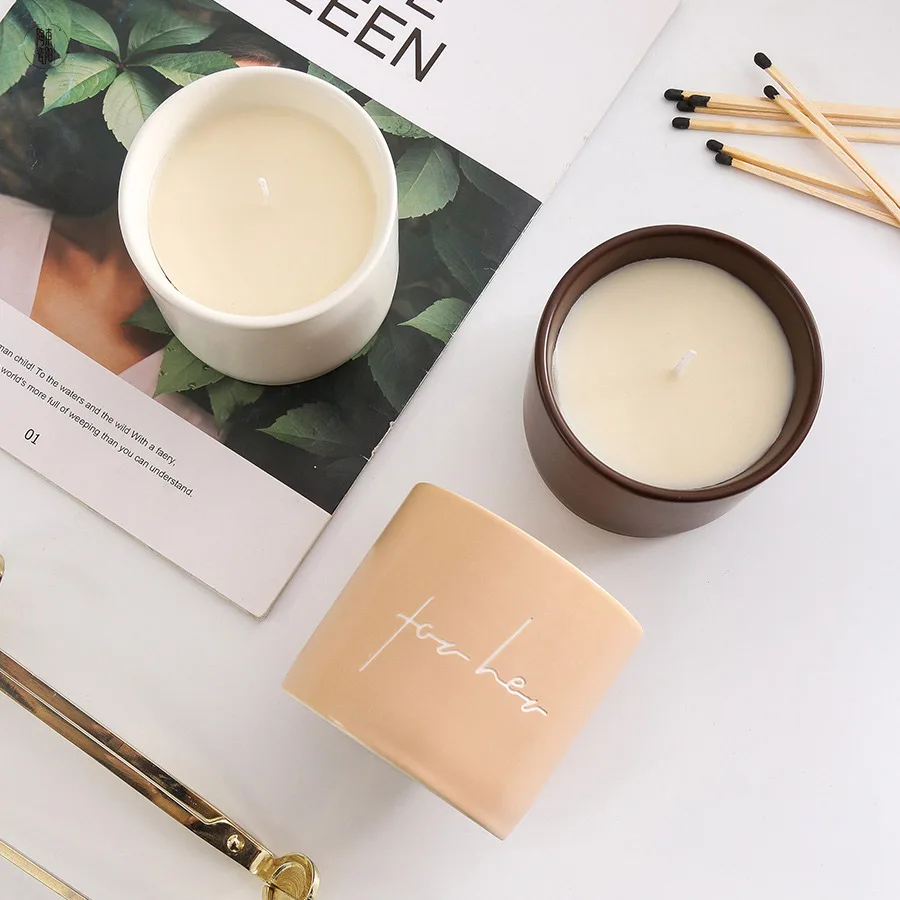 Оптовая продажа, керамические пустые банки для свечей цвета хаки, белого, коричневого цвета, 3 фитиля, матовая банка для свечей