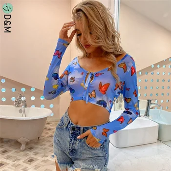 D&M Customized LOGO Brand Style Tie Front Cut-Out Blue Tie Dye Butterfly Print Ultrashort Crop Tops Hip Hop Long Sleeve Blouses