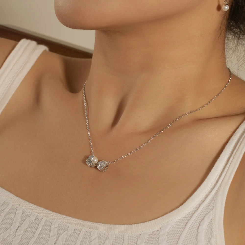 KAKODIY Elegant Design Fashion Jewelry 925 Sterling Silver Chain 5A Zirconia Shell Pearl Bow Pendant Necklace detail 2