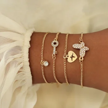 Sindlan Bracelet Set Fashion Gold Chian&Link Jewelry Butterfly Heart Crystal Geometric Bracelet for Girl