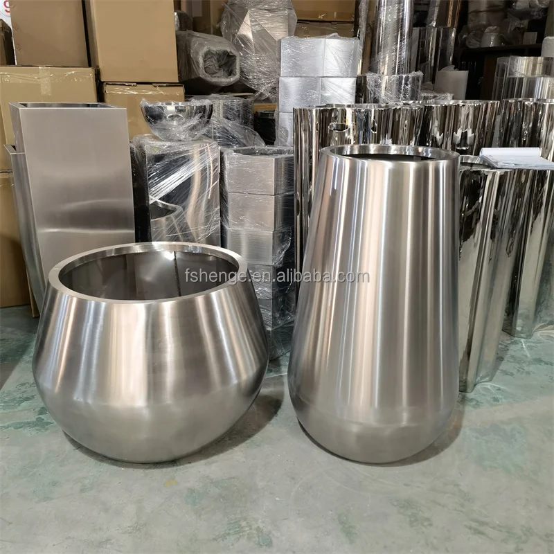 Home Decor Large Stainless Planter Pots / Big Outdoor Flower Silver Floor Vases for Garden Entrance