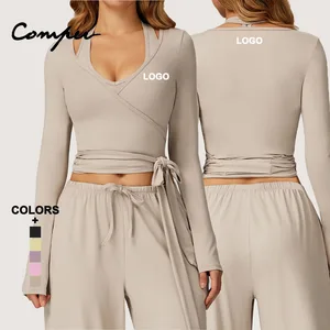 Solid Color V-neck Quick-dry Breathable Long Sleeve One-Piece Tie Yoga Top for Outdoor Sports and Fitness