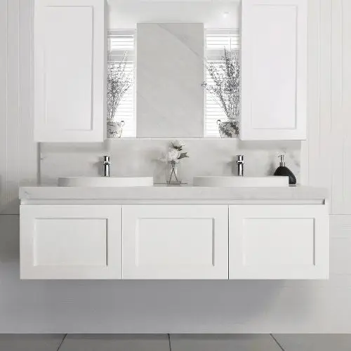 Hangzhou Ready Made White Modern Style Mirror MDF PVC Bathroom Cabinet Floating Vanity