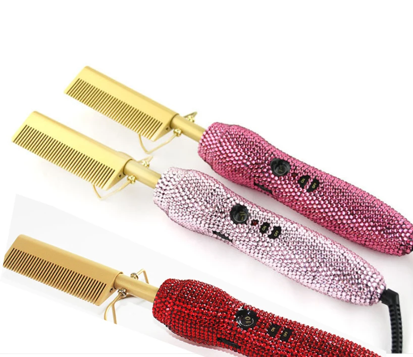 Bling Crystal Rhinestone Flat Iron Hair Comb Straightener 