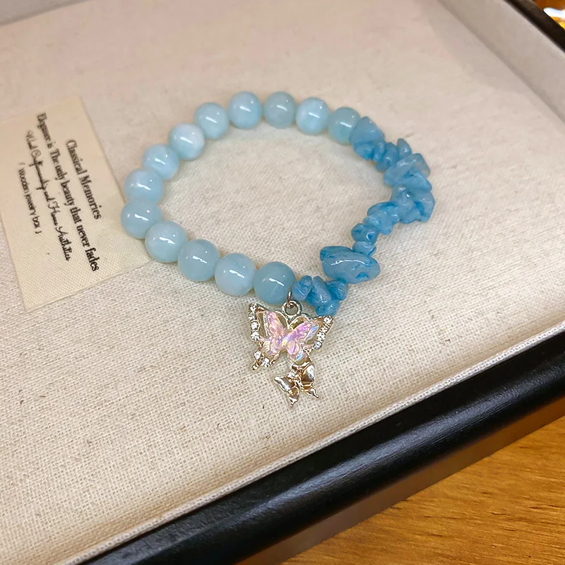 Fashion Butterfly Crystal Charm Bracelet - Natural Stone