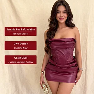 New Elegant Women's Party Sexy Dresses Solid Color Fashion PU Leather Strapless A-line Dress Club Wear Women