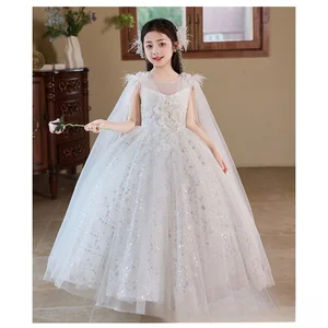 Embroidered Flowers Princess Dress for Girl Gorgeous Sequins Mesh Shawl Flower Girls Dresses for Wedding