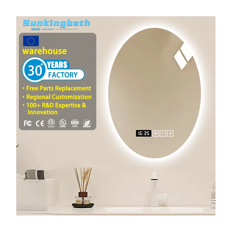 Anti Fog Electronic Wall Makeup Mirror Smart Led Defogger Mirror Oval Frameless Backlit Bathroom Vanity Mirror