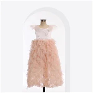 Children Customized pink Princess Dress Flower Sequin Patch Dress Luxury Girls Dresses