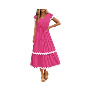 2025 Women's Casual Spring Summer Knee-Length V-Neck Short Sleeve Solid Natural Waistline Loose Flowy Party Breathable Chiffon