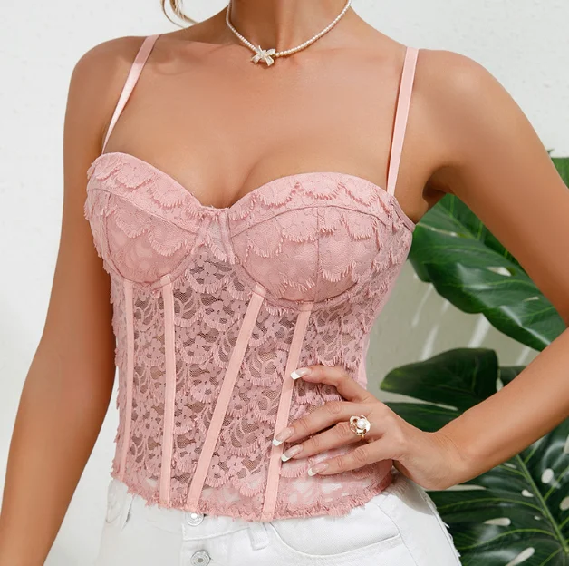 Y03634 pink lace corset front view