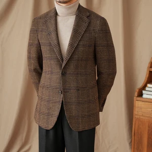 Men's 50% Wool Suit Jacket Coffee Glen Plaid Slim Retro Casual Single-breasted Notch Lapel Double Vents High Quality for Men