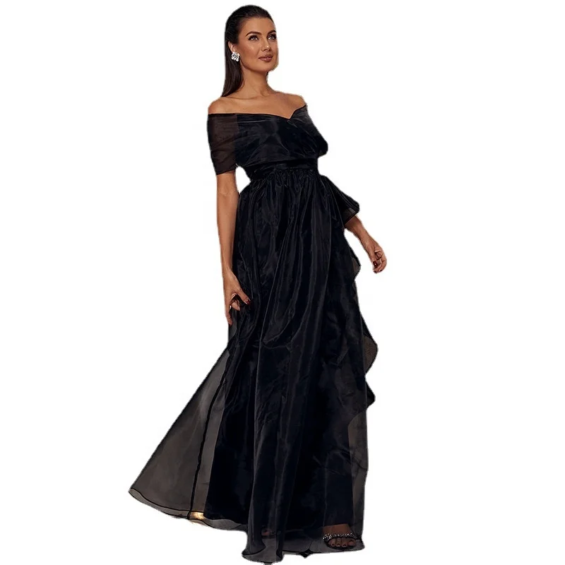 crochet evening dress A-line Tulle Black Off Shoulder Long Evening Dress, Black Sequins Prom –  Cutedressy main image 0