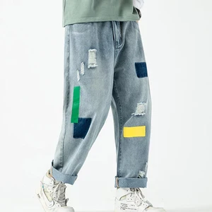 Custom Design Men's Straight Wide Leg 100% Cotton Hip Hop Jean Pants Breathable Embroidered Solid Pattern for Spring Winter