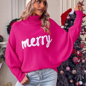 European American Women's Autumn Winter Knitted Top Loose Bat Sleeve Outer Wear Korean Cross-Border Christmas Turtleneck
