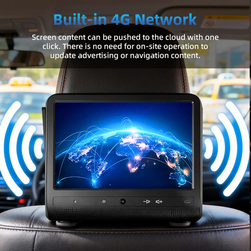 OEM Taxi Rear Seat Advertising Screen 10.1" HD Android Headrest Tablet Display 4G WIFI for Taxi Passenger Advertisement
