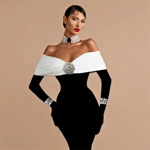 Women Diamonds Elegant Bandage Dress Sexy Off the Shoulder Long Sleeve Patchwork Clothing Club Party Celebrity Dresses
