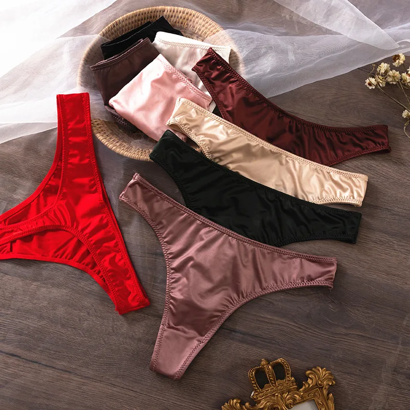 Satin Solid Breathable Seamless Triangle Low Rise Ice Silk Thong Ladies G String Tight Sports Panties