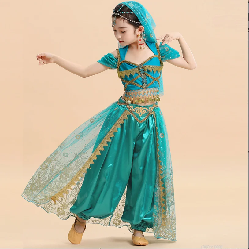 Shinny Jasmine Princess Dress Aladdin Cosplay Costume Women Blue Lamp Pants  Set