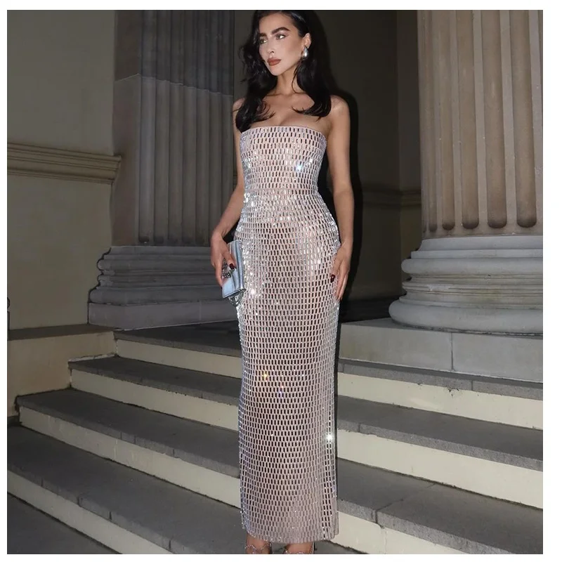 New Arrivals Elegant Prom Dresses 2024 Women Summer Glitter Diamond Mesh  Denim Strapless Long Cocktail Dresses for Ladies| Alibaba.com