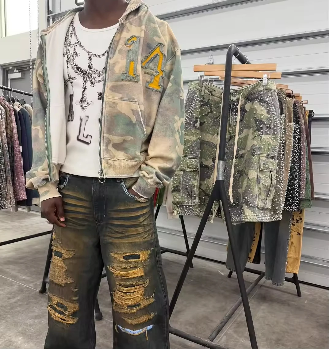 Custom Sun Faded Baggy Leopard Printed Boxy Applique Embroidery Camouflage Camo Zip up Vintage Distressed Acid Wash Hoodies Men gallery 3